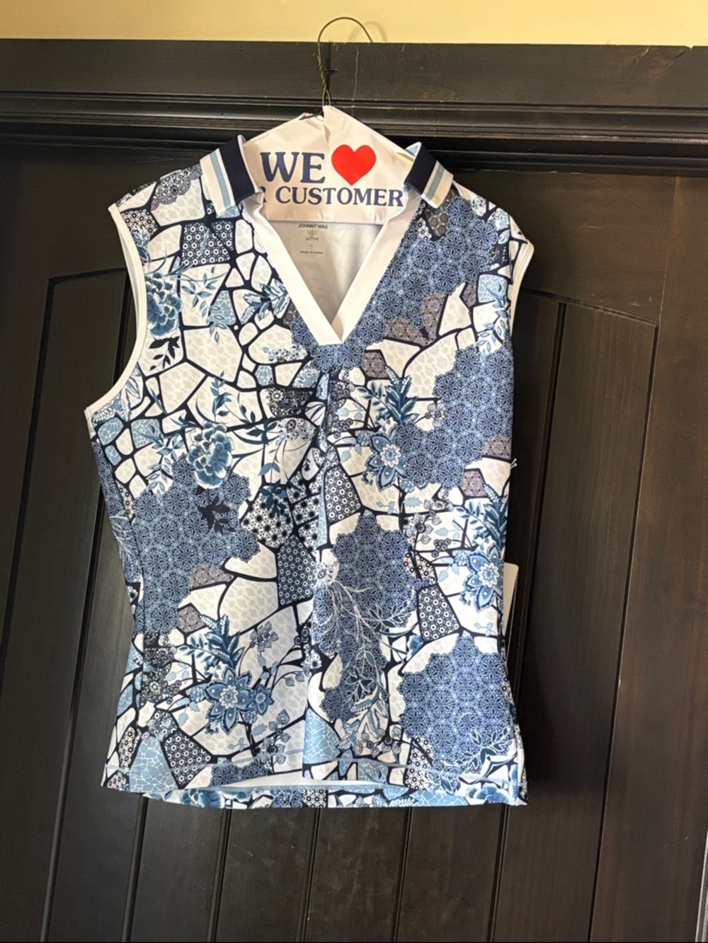 Johnny Was Blue and White Floral Patchwork Sleeveless Tank